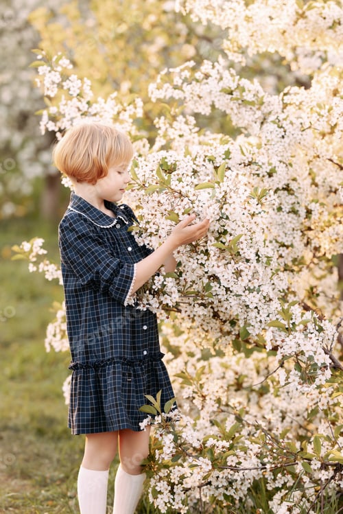 Preview: Girl in blooming apple orchard
