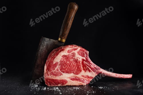 Preview: Fresh tomahawk steak on old board