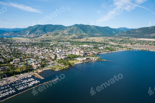 Preview: Aerial shot of the Okanagan Lake with Penticton city on the shore and hills in the background