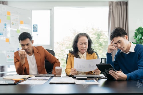 Preview: business team sitting sad and solving problems in the office. Failed teamwork concept