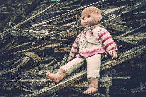 Preview: Abandoned old broken baby doll rots in scary forest.