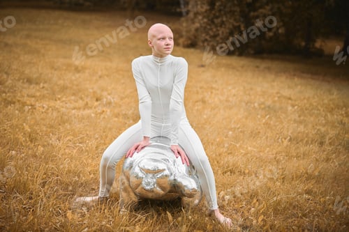 Preview: Young hairless girl with alopecia in white cloth sits on tardigrade figure in fall park