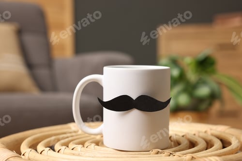 Preview: Happy Father's Day. Cup with paper moustache on coffee table indoors, closeup