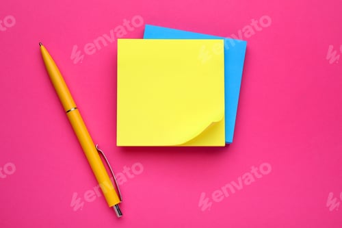 Preview: Colorful empty notes and pen on pink background, flat lay