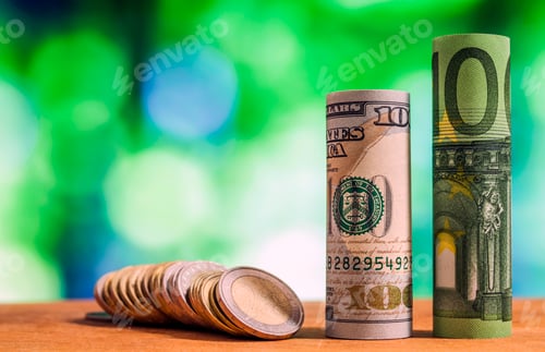 Preview: Dollar and Euro Currency on a Wood Table