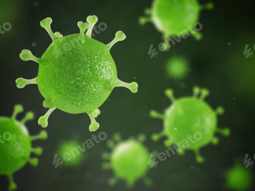 Preview: Green Viral Cells with Spikes on Dark Background