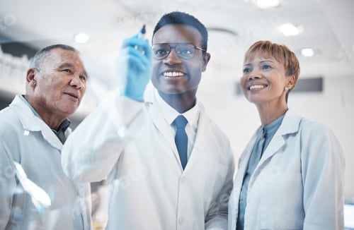 Preview: Science, writing formula and team in laboratory for experiment, chemistry equation and medical rese