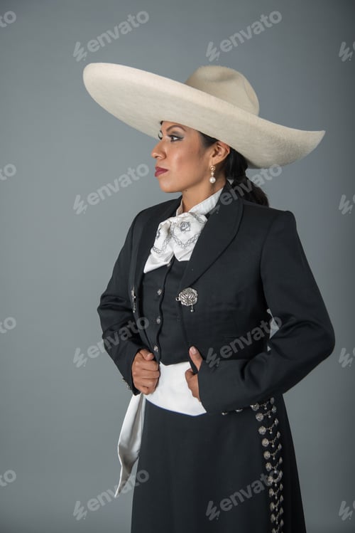 Preview: Latin Mexican Woman Dressed in Charra Costume with Silver Buttons and Mexican Type