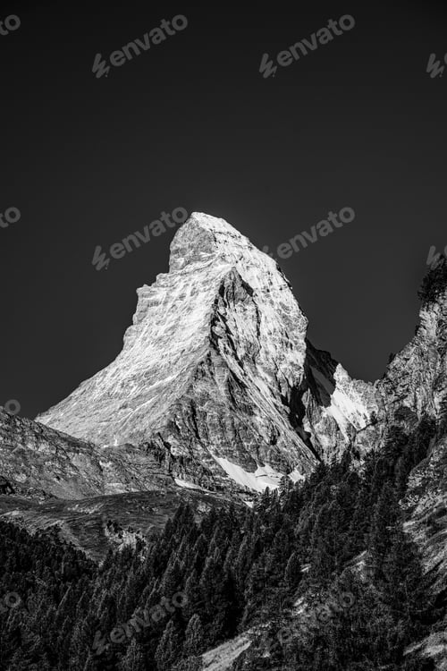 Preview: A Black and white photograph of the iconic Matterhorn mountain, Zermatt, Switzerland.