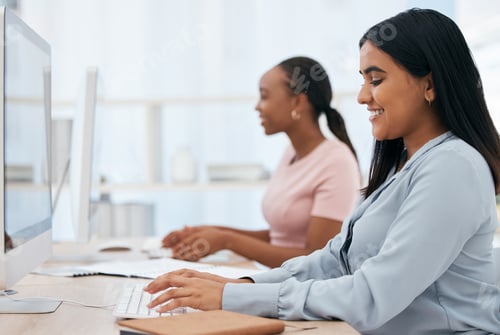 Preview: Business woman, computer and typing email, report or communication in corporate office with smile.