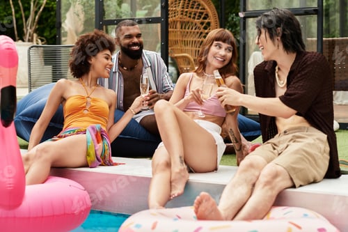 Preview: Stylish friends creating joyful memories at a vibrant pool party celebration
