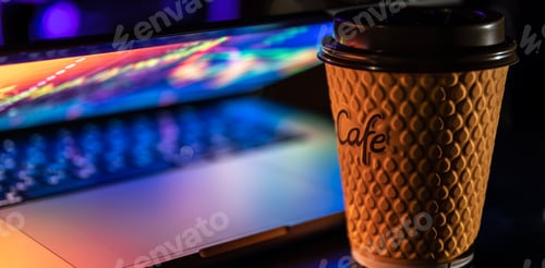 Preview: A laptop half closed in the dark with colourful glow and cup of coffee.
