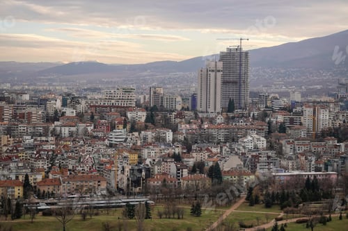 Preview: Wide angle aerial view of the center of Sofia with road, houses and trees, Bulgaria