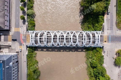 Preview: Aerial view of Hans-Wilsdorf bridge near plainpalais in Geneva - Switzerland