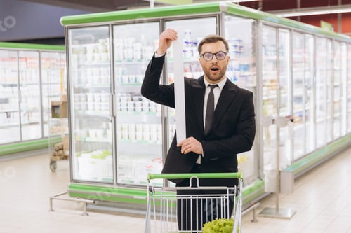 Preview: Shocked businessman holding long grocery receipt in supermarket with shopping cart