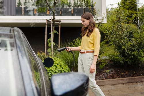 Preview: Side view of beautiful woman plugging charger in her electric car. Progressive woman charging her
