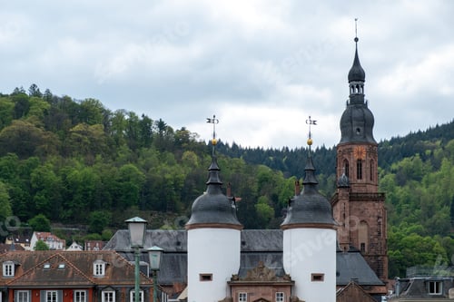 Preview: Germany, Heidelberg city. Upper view of two white Tower and of Holy Ghost Roman Catholic Church.