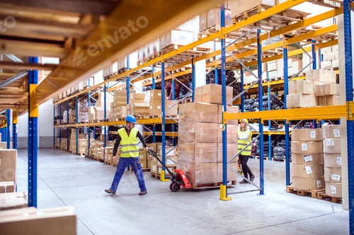 Preview: Warehouse workers pulling a pallet truck.
