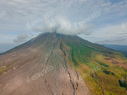 Preview: Aerial drone view of Mount Sinabung at Berastagi in North Sumatra, Indonesia.