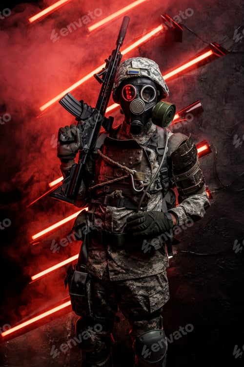 Preview: Army man in apocalyptic style against red background with neon