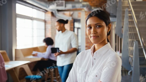 Preview: Portrait Of Serious Young Businesswoman Working In Open Plan Office With Colleagues In Background