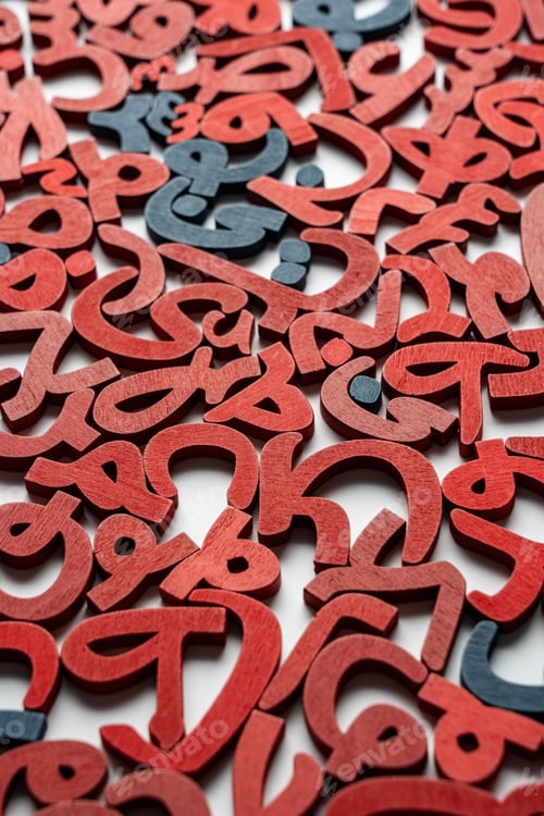 Preview: Topview picture of a group of Arabic letters made of wood, colored red and blue on a gray background