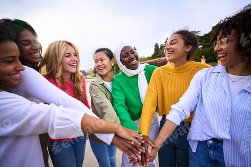 Preview: Funny only women portrait. Group of beautiful young community of multiracial friends having fun
