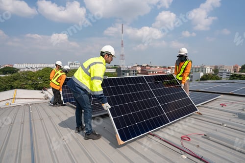 Preview: Team technicians carrying photovoltaic solar moduls on roof.