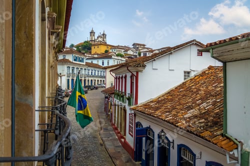 Preview: Street in Ouro Preto City with Brazilian Flag - Ouro Preto, Minas Gerais, Brazil