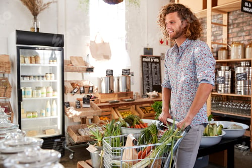 Preview: Young Man Buying Fresh Fruit And Vegetables In Sustainable Plastic Free Grocery Store