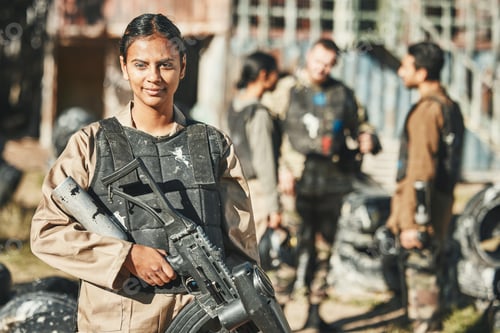 Preview: Woman, portrait and paintball, gun for battle and military training, sports and combat with hero. F