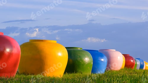 Preview: Row of large colorful clay water jars on green lawn against blue sky background