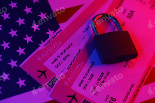 Preview: Fictional air tickets and small padlock on United States of America flag
