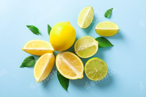 Preview: Flat lay composition with citrus on color background, space for text