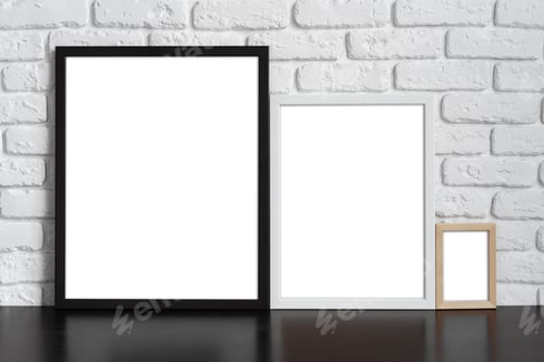 Preview: Blank picture frame against brick wall with copy space