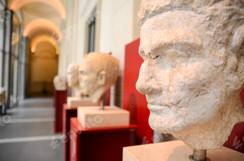 Preview: Close up of classical Roman busts in a gallery, Rome, Italy.