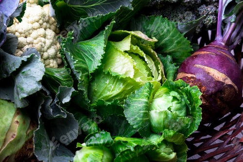 Preview: Various of Cabbage Broccoli Cauliflower. Assorted of Cabbages in Basket.