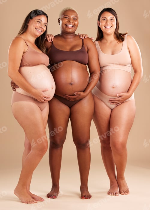 Preview: Pregnant, body and portrait of women in belly support touch, hope and community diversity on studio