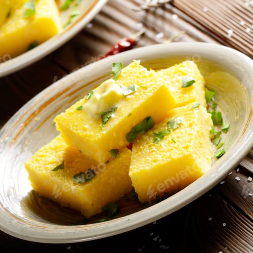 Preview: Polenta with butter and greens on clay dish on wooden rustic tab