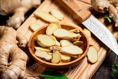 Preview: Chopped ginger on a cutting board with a knife.
