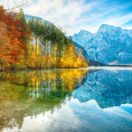 Preview: Picturesque autumn scene of sunny morning on Almsee lake. Poppular travell destination.