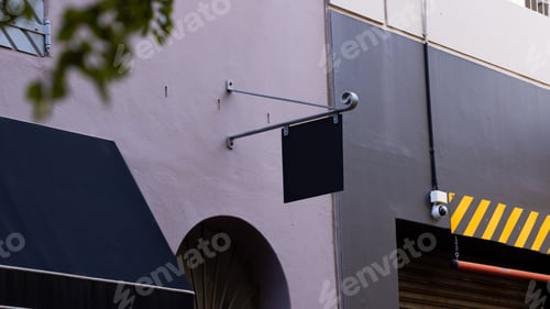 Preview: Blank sign fixed to building wall with copy space