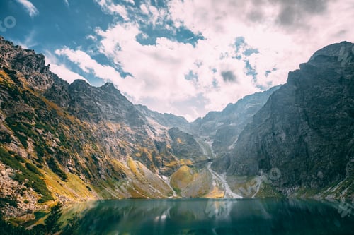 Preview: Tatra National Park, Poland. Calm Lake Czarny Staw Under Rysy And Summer Mountains Landscape