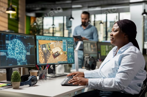 Preview: Black woman using AI deep learning system and architectural CAD software