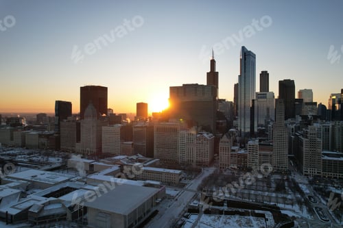 Preview: View of Chicago at night, showcasing the illuminated skyline of the city's towering skyscrapers