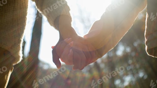 Preview: Close-up unrecognizable couple in love man woman holding hands in sunlight walking in park outdoors