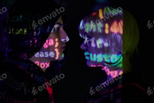 Preview: side view of young students with neon programming lettering on dark backdrop, anime trend concept