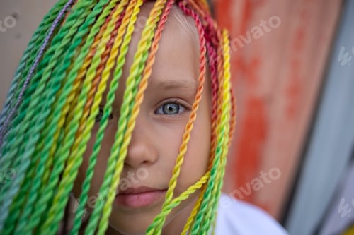 Preview: portrait of a beautiful girl with multi-colored african braids on the background of a colorful wall