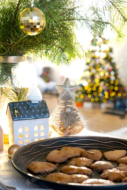 Preview: Festive Christmas decor in table, homemade cakes for breakfast, bakery cookies. Cozy home, christmas