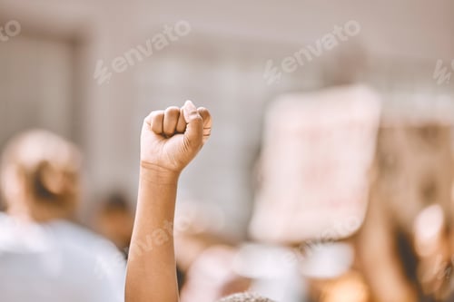Preview: Protest, equality and fist in air in city, crowd of people in street protesting for human rights, f